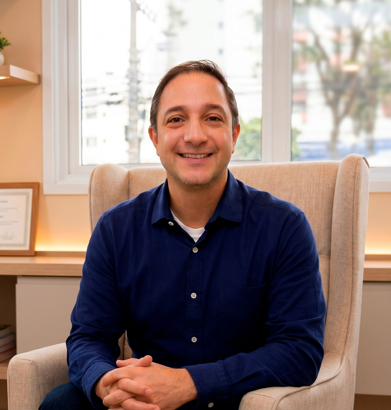 Fábio Bramont, psicólogo clínico, em ambiente de atendimento acolhedor